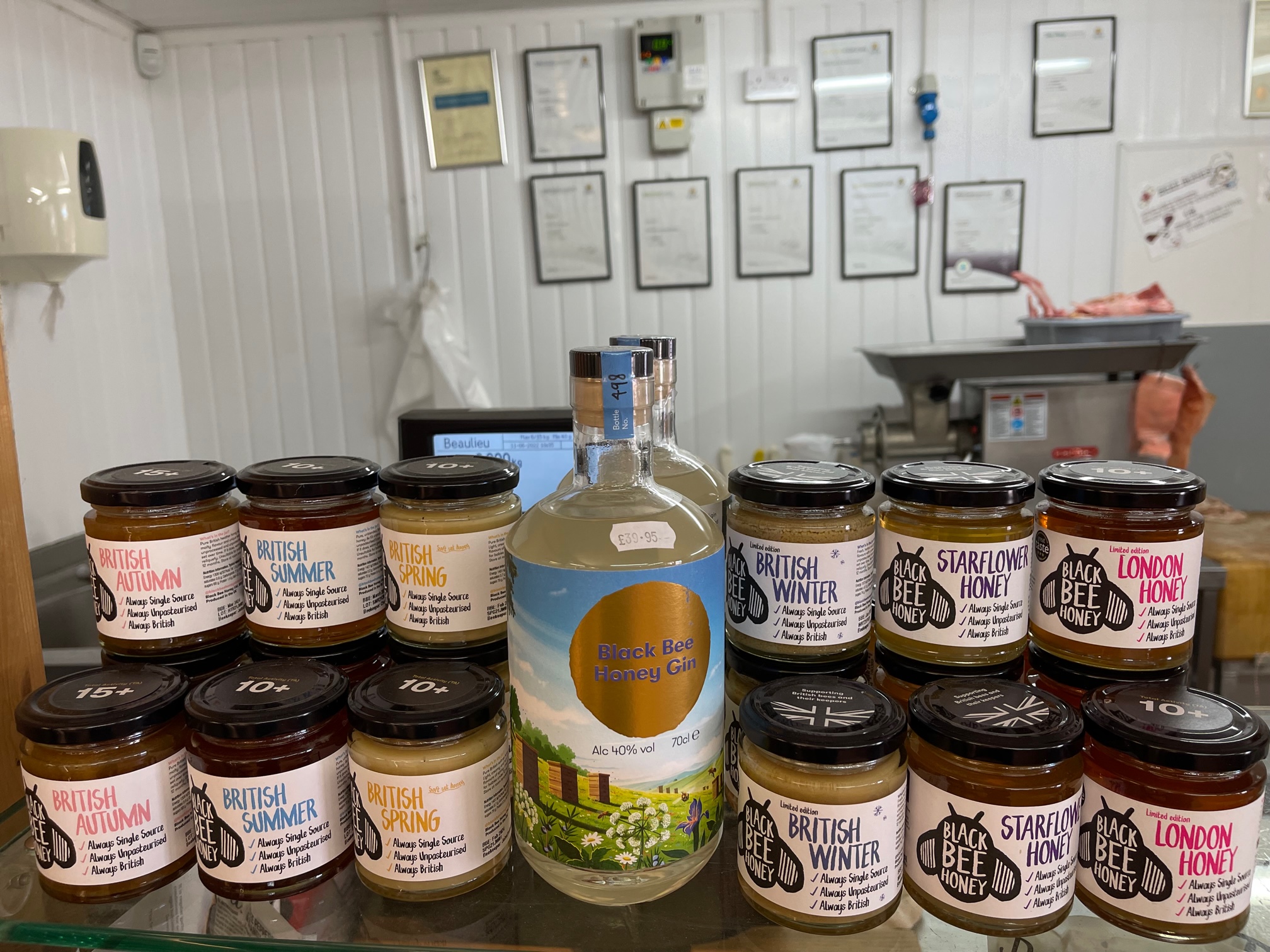 Selection of Black Bee Honey and Gin at Beaulieu Farm Shop